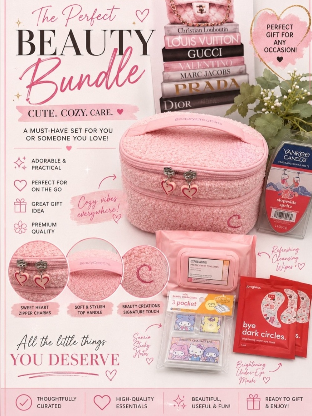 Beauty Creations Pink Travel Cosmetic Bag with Accessories